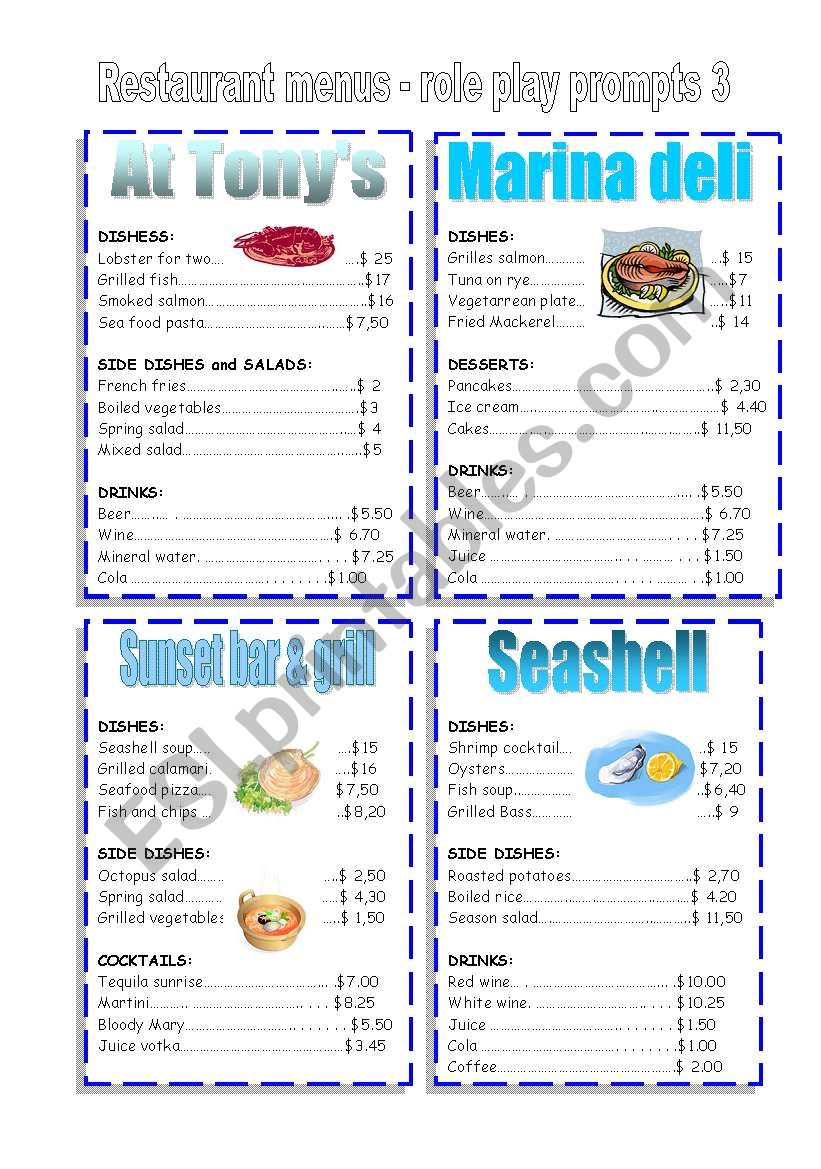 RESTAURANT MENUS 3 worksheet