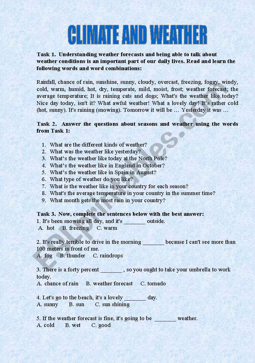 Climate and Weather worksheet