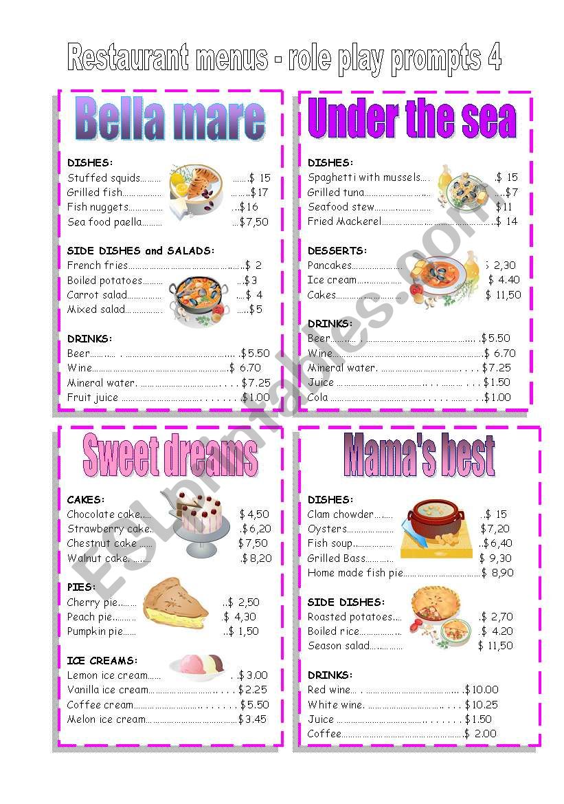 RESTAURANT MENUS 4 worksheet