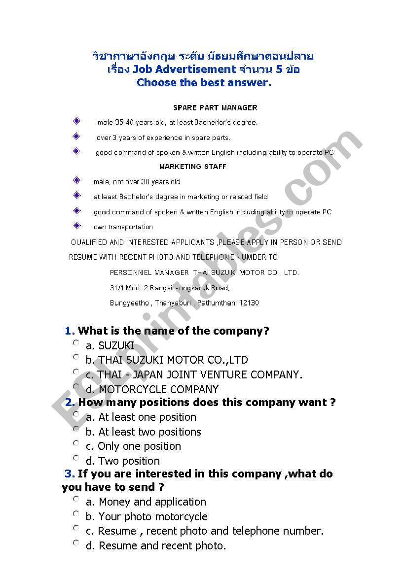 ๋Job Advertisement worksheet