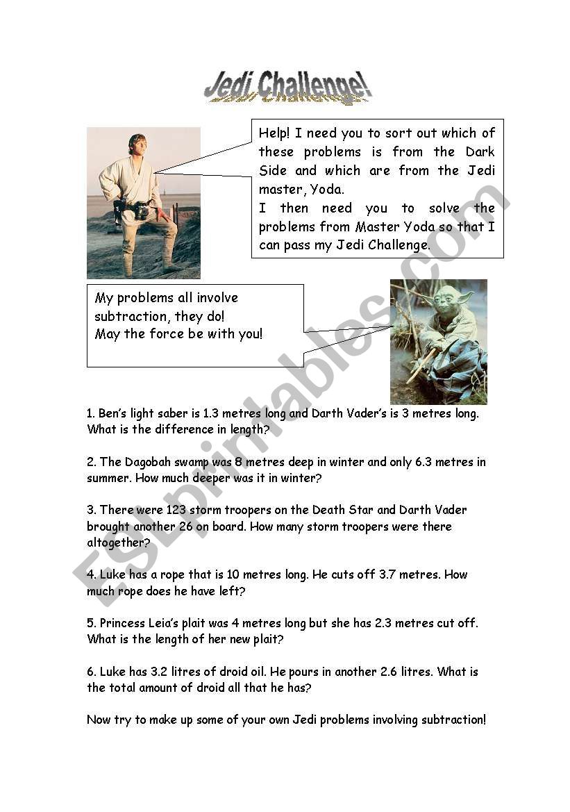 Jedi Challenge worksheet