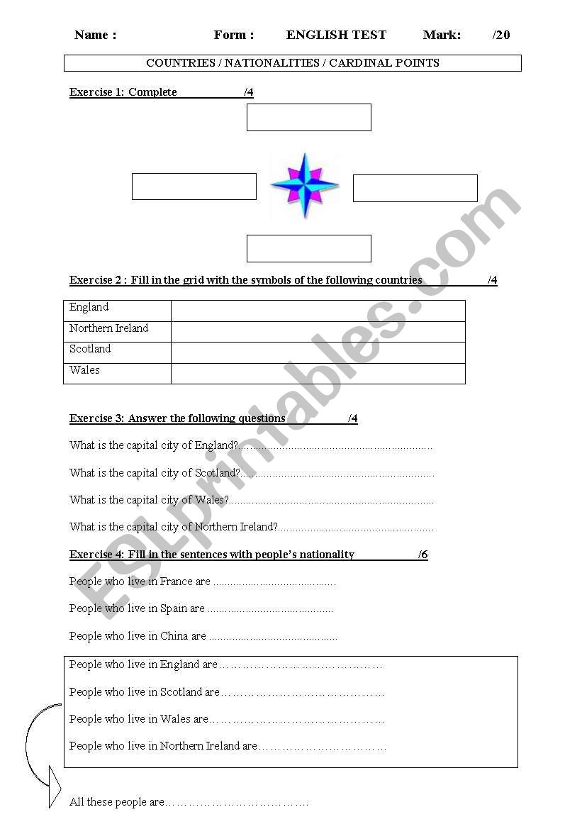 geography test (nationalities /capital cities/ country symbol/ cardinal points)