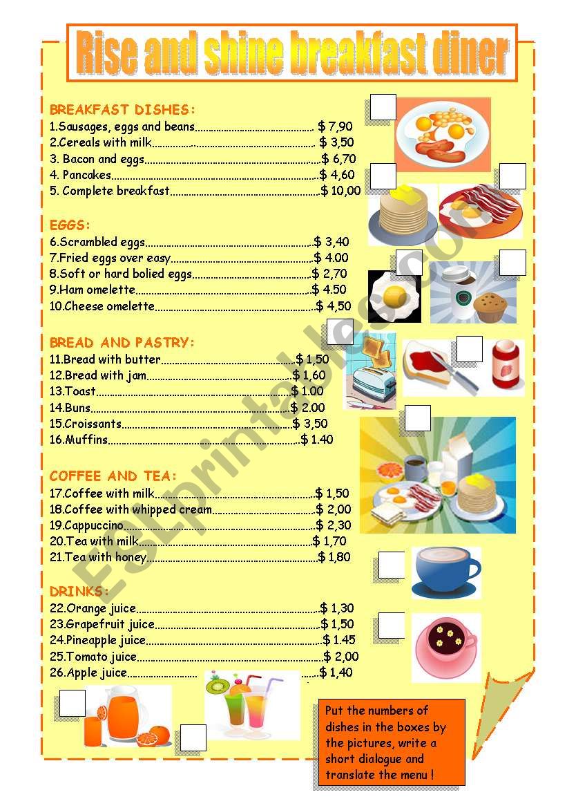 BREAKFAST MENU worksheet