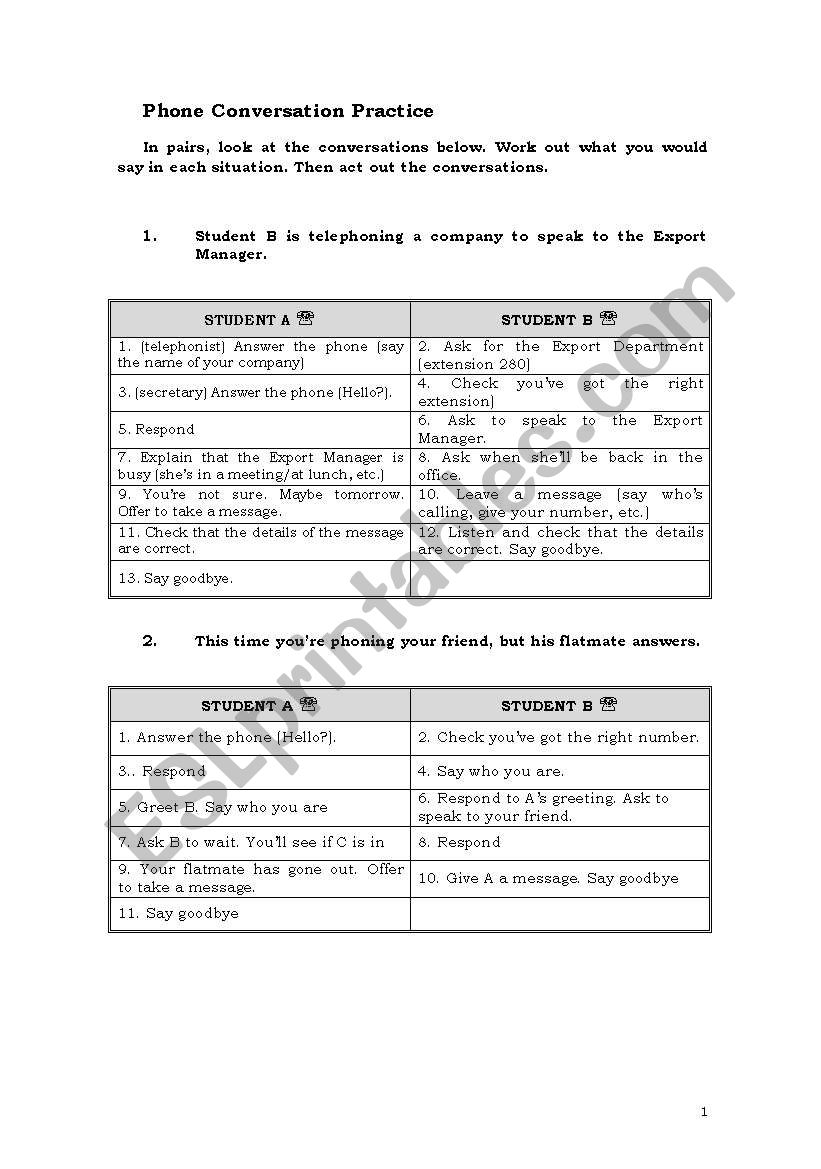 Phone Conversation Practice worksheet