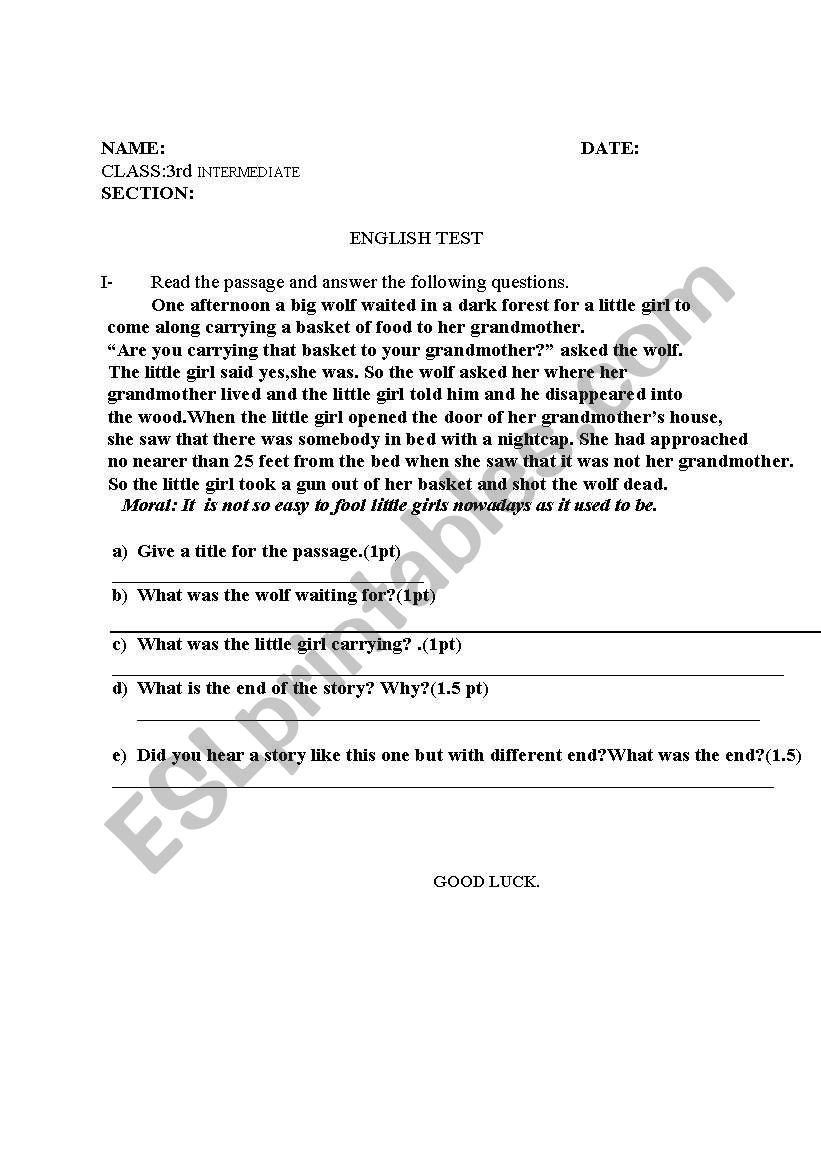 comprehension worksheet