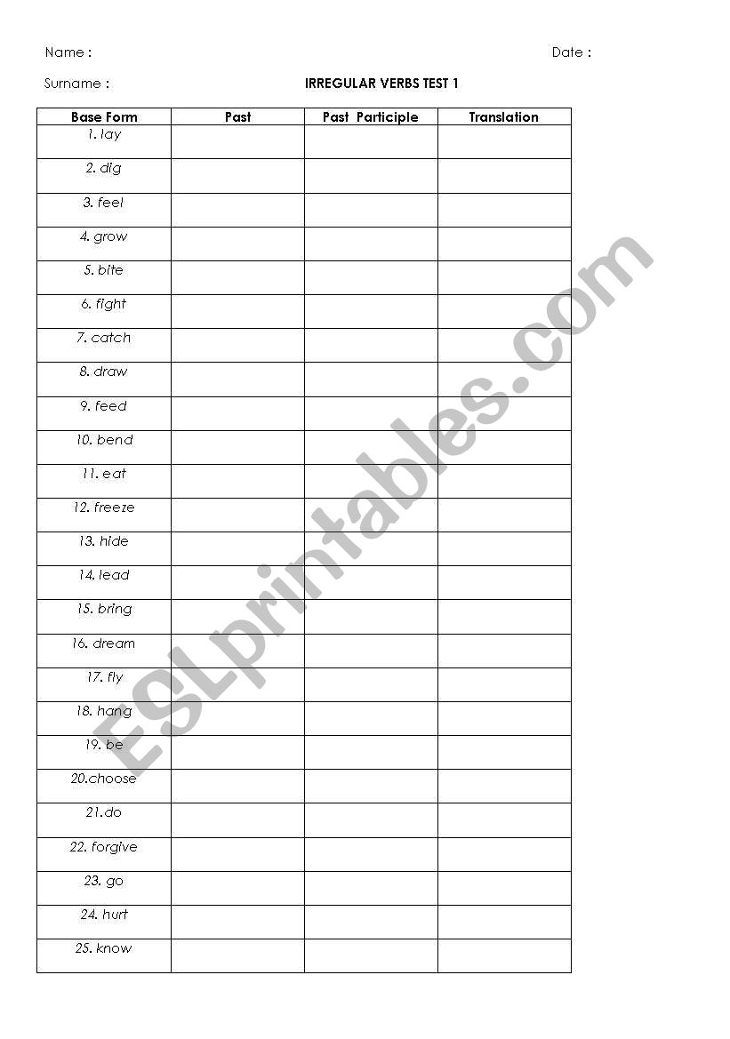 irregular verbs tests worksheet