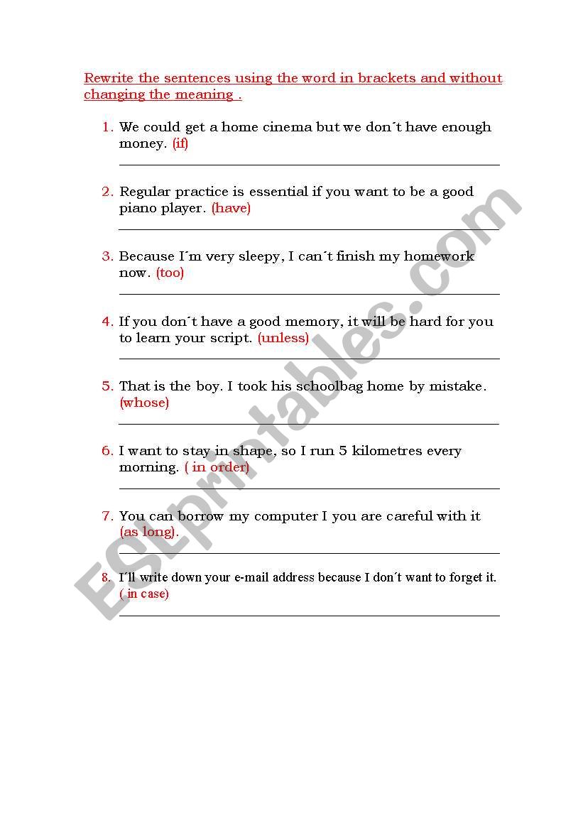 Setence tranformation worksheet