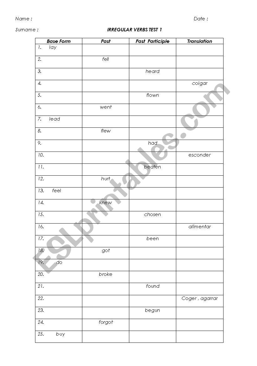 irreglar verbs tests worksheet