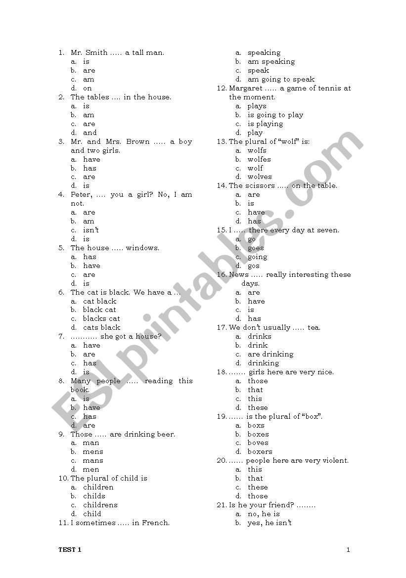 English Test 1 worksheet
