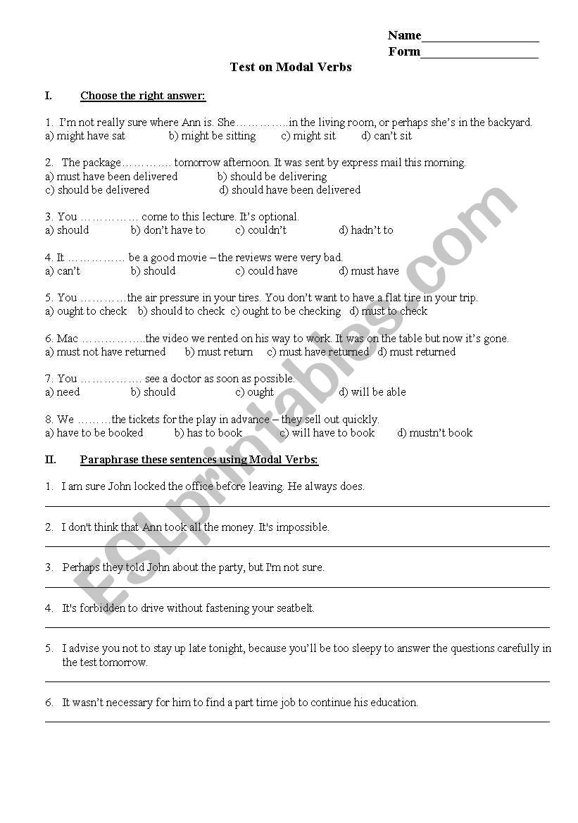 Test on Modal Verbs worksheet