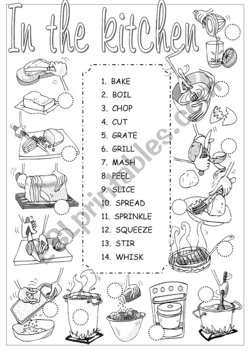 Kitchen verbs pictionary worksheet