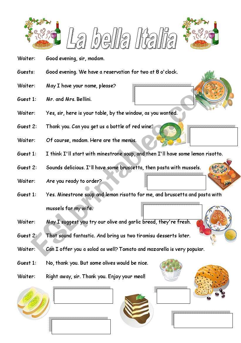 Italian restaurant worksheet