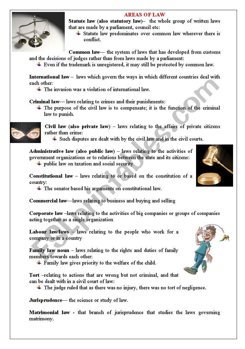 Areas Of Law Esl Worksheet By Life Line