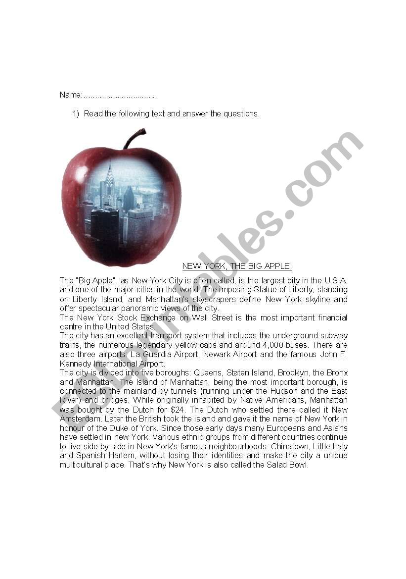 The Big Apple worksheet