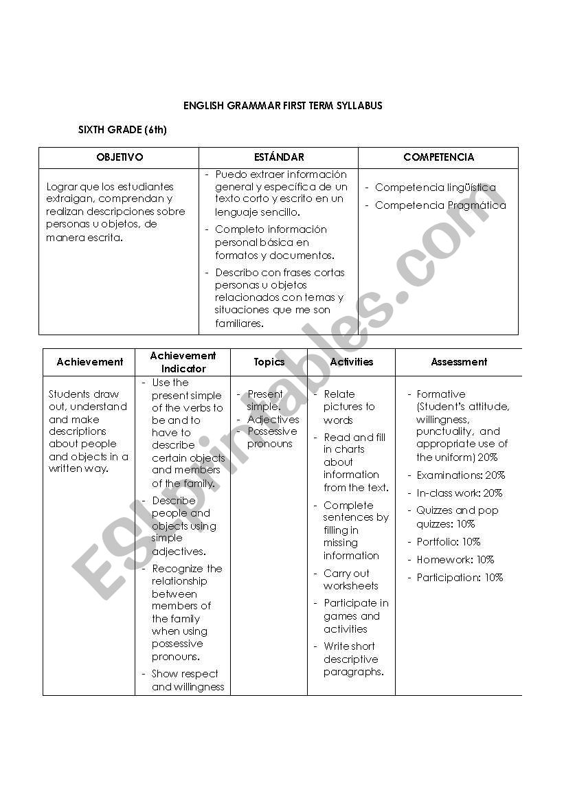 Syllabus, from 6th grade to 11th grade