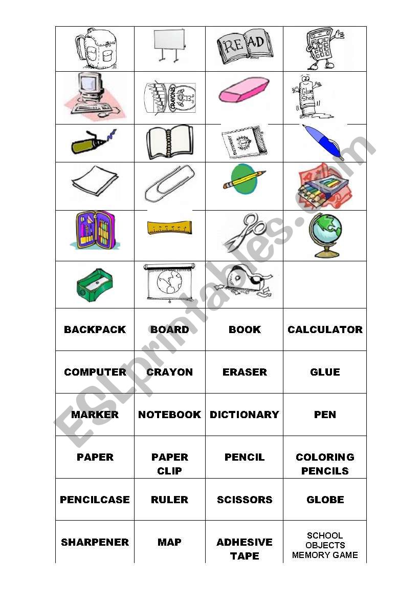 School objects - Memory game  worksheet