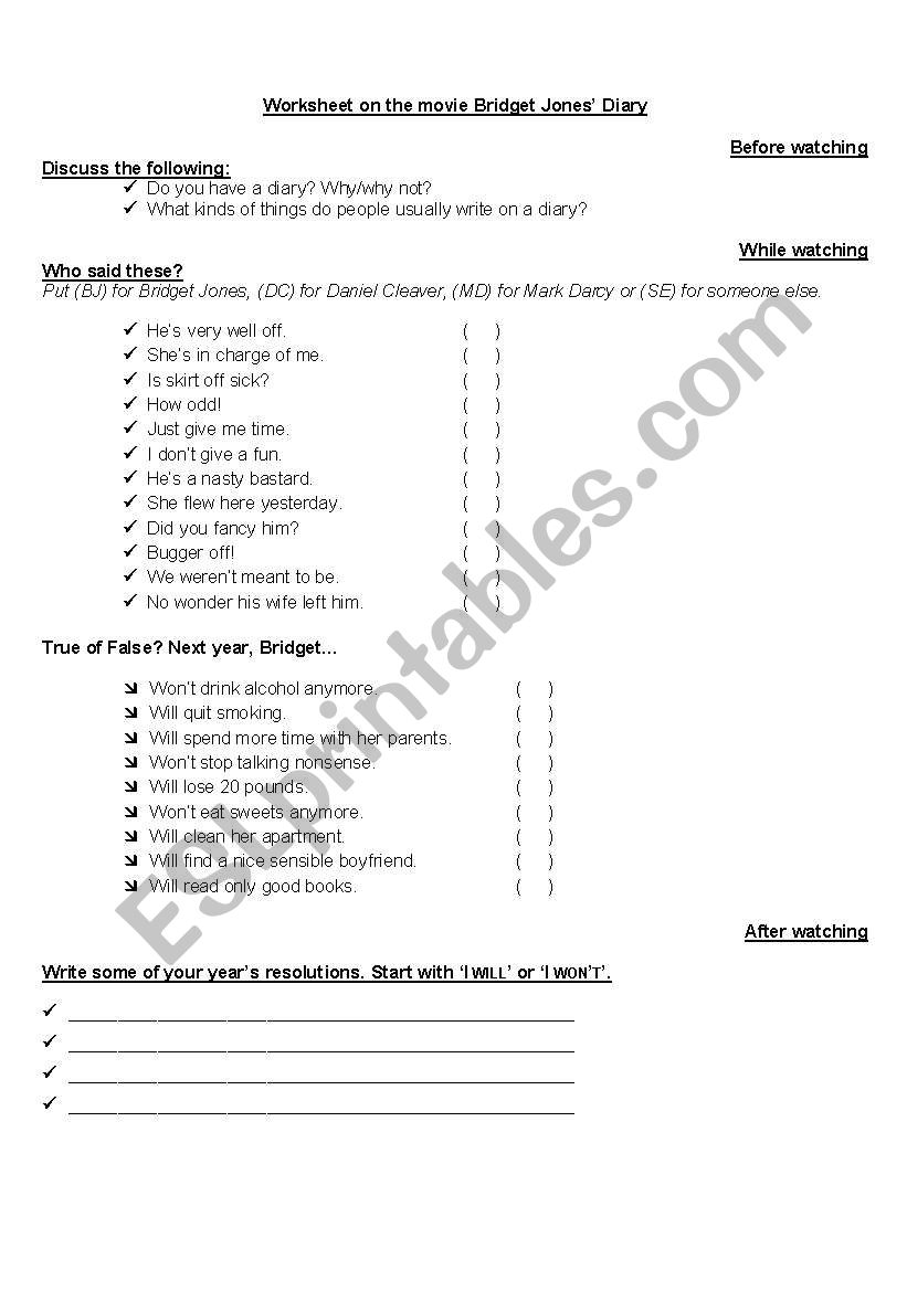 Worksheet on movie Bridget Jones Diary