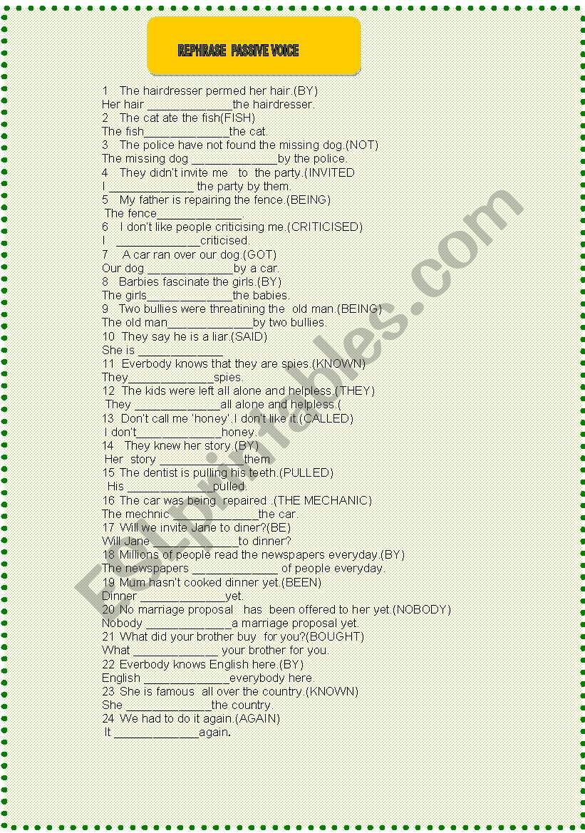 PASSIVE VOICE REPHRASE  worksheet