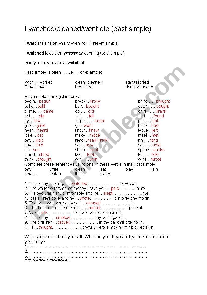 Past simple worksheet - answers