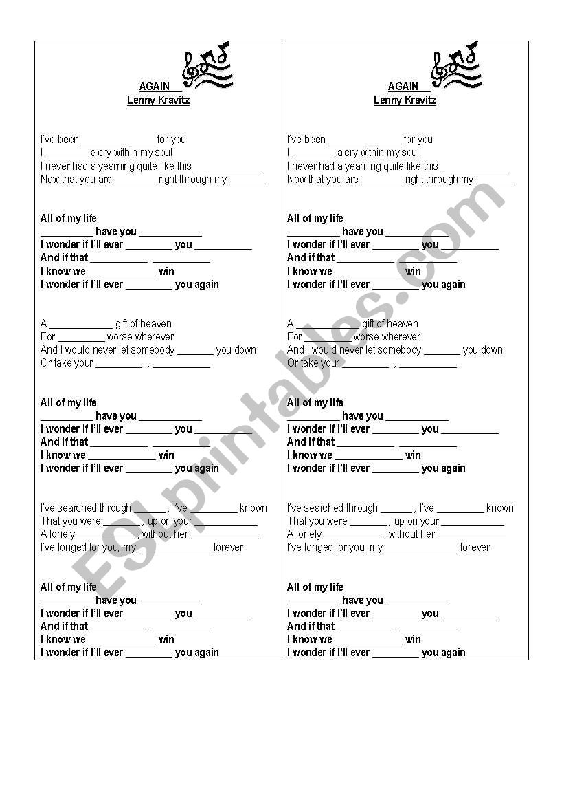 Again by Lenny Kravitz worksheet