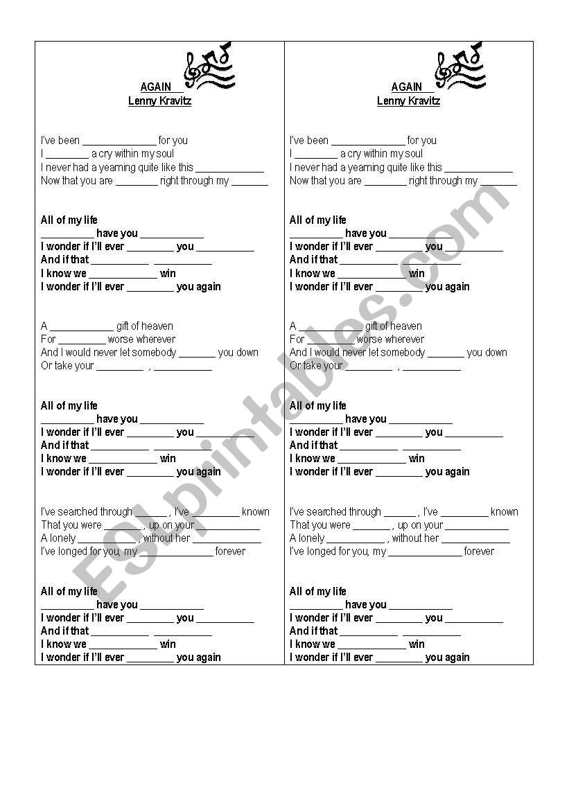 Again by Lenny Kravitz worksheet