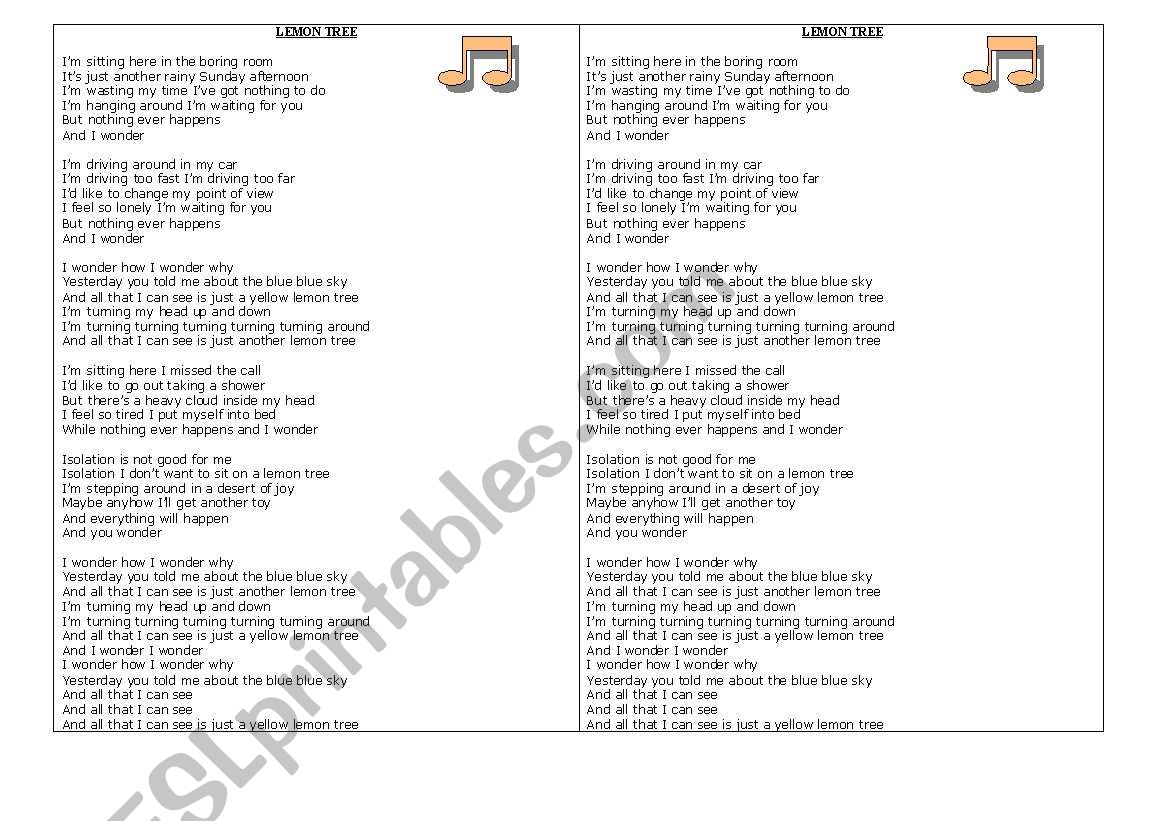 Lemon Tree worksheet