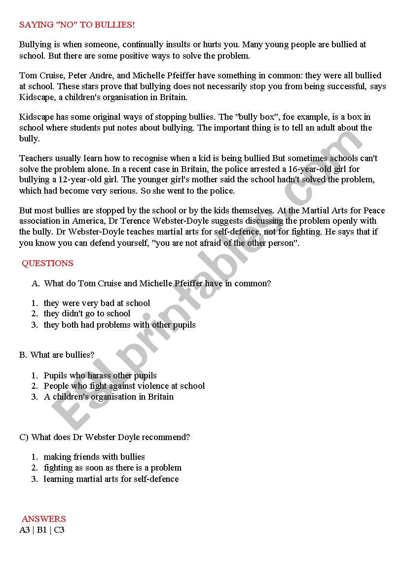 Say no to bullies worksheet