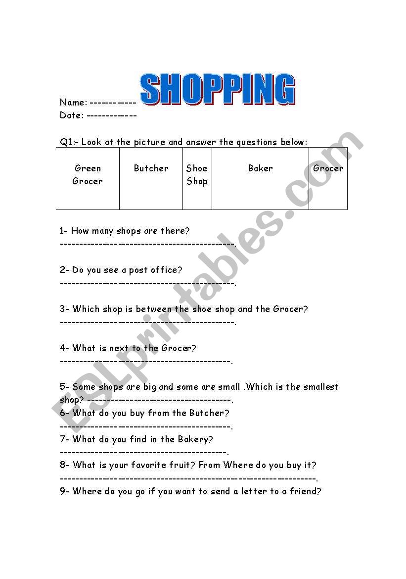 Shopping worksheet worksheet