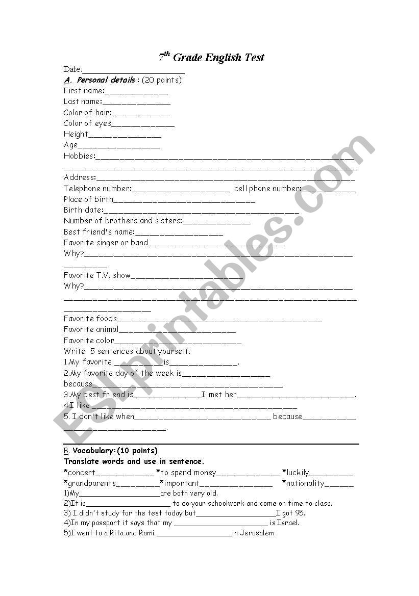 7th grade English test worksheet