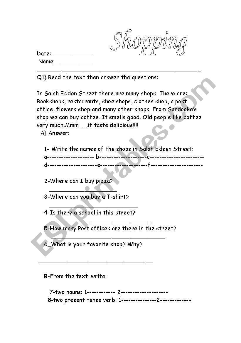 Shopping worksheet