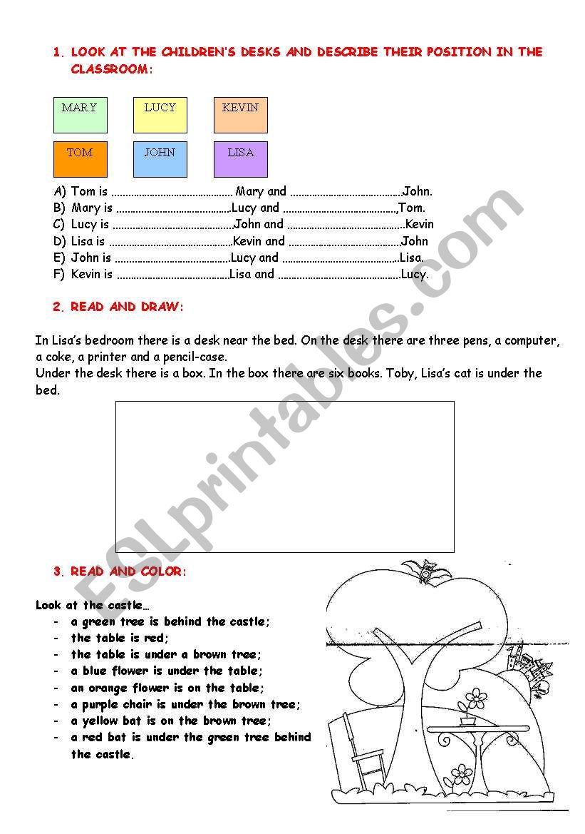 prepositions of place: look and write; read and draw; read and color