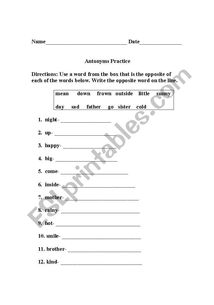 Antonym Practice worksheet