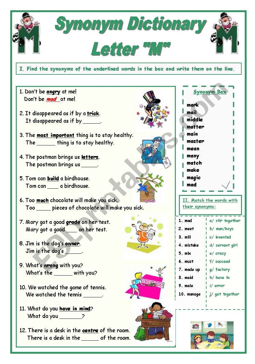 Synonym Dictionary Letter M Esl Worksheet By Babi965