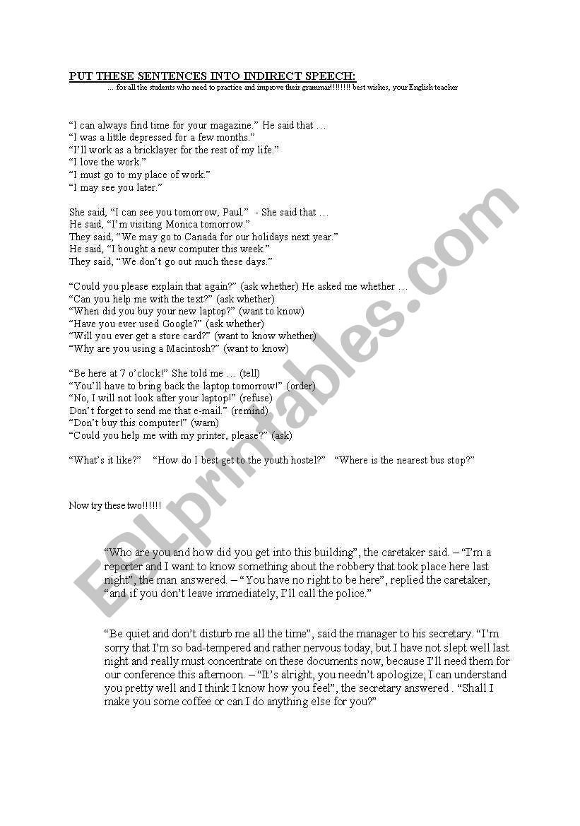 Indirect Speech worksheet