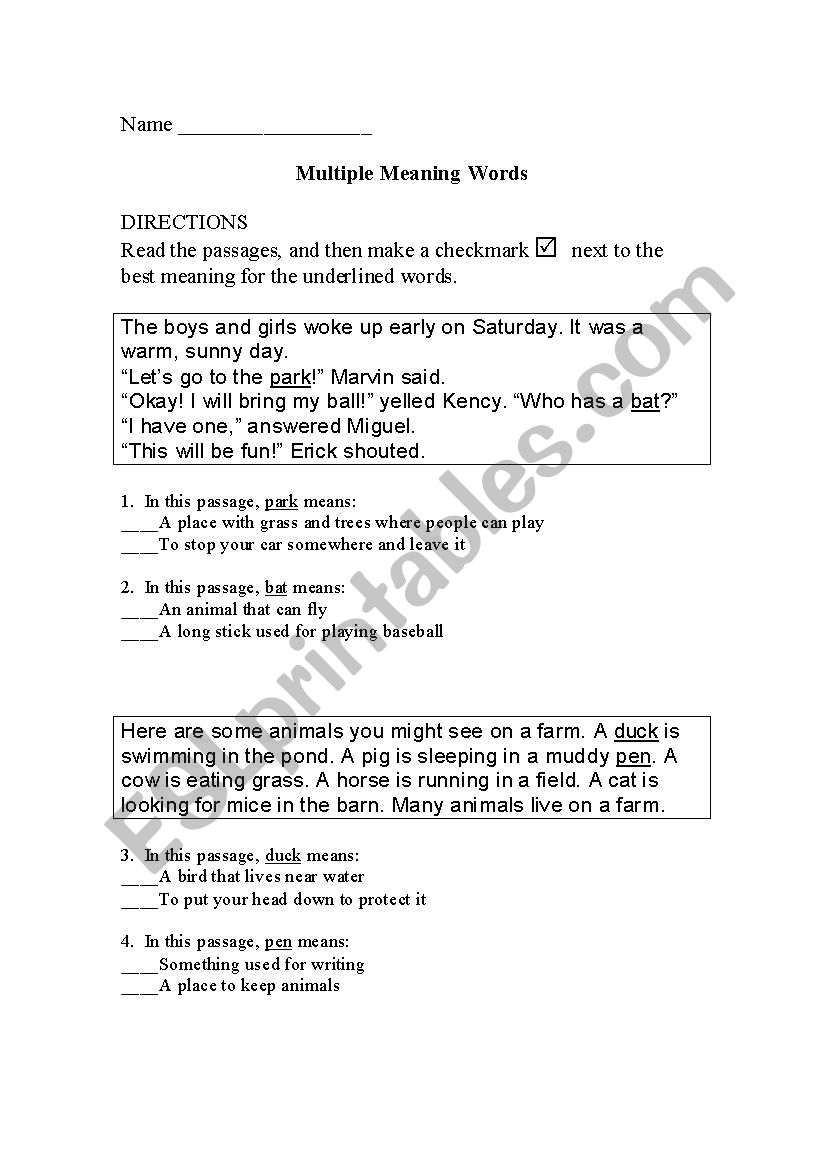 Multiple meaning words worksheet