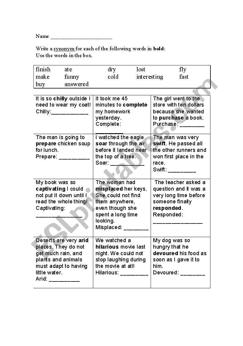 Context Clues / Synonyms worksheet