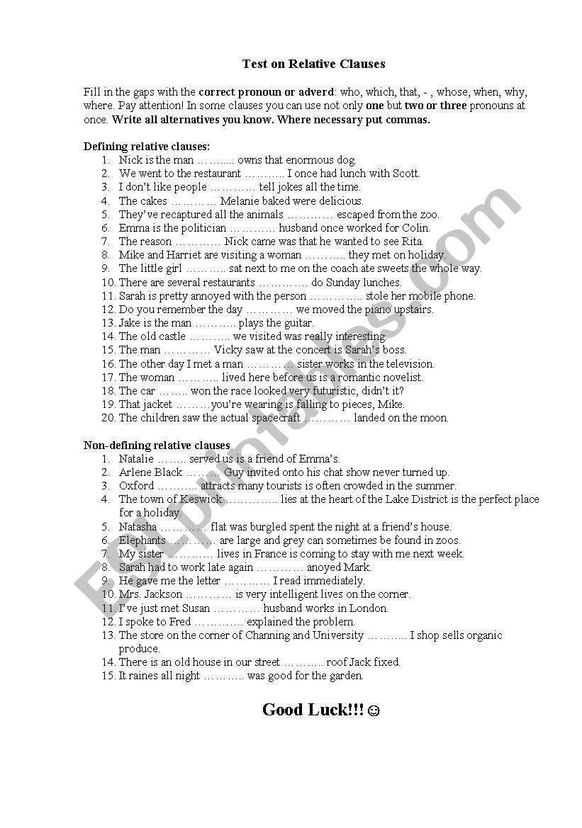 Relative clauses worksheet