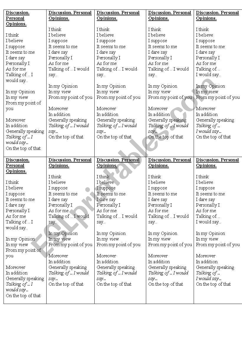 Discussion. Expressing Opinion. The list of phrases.