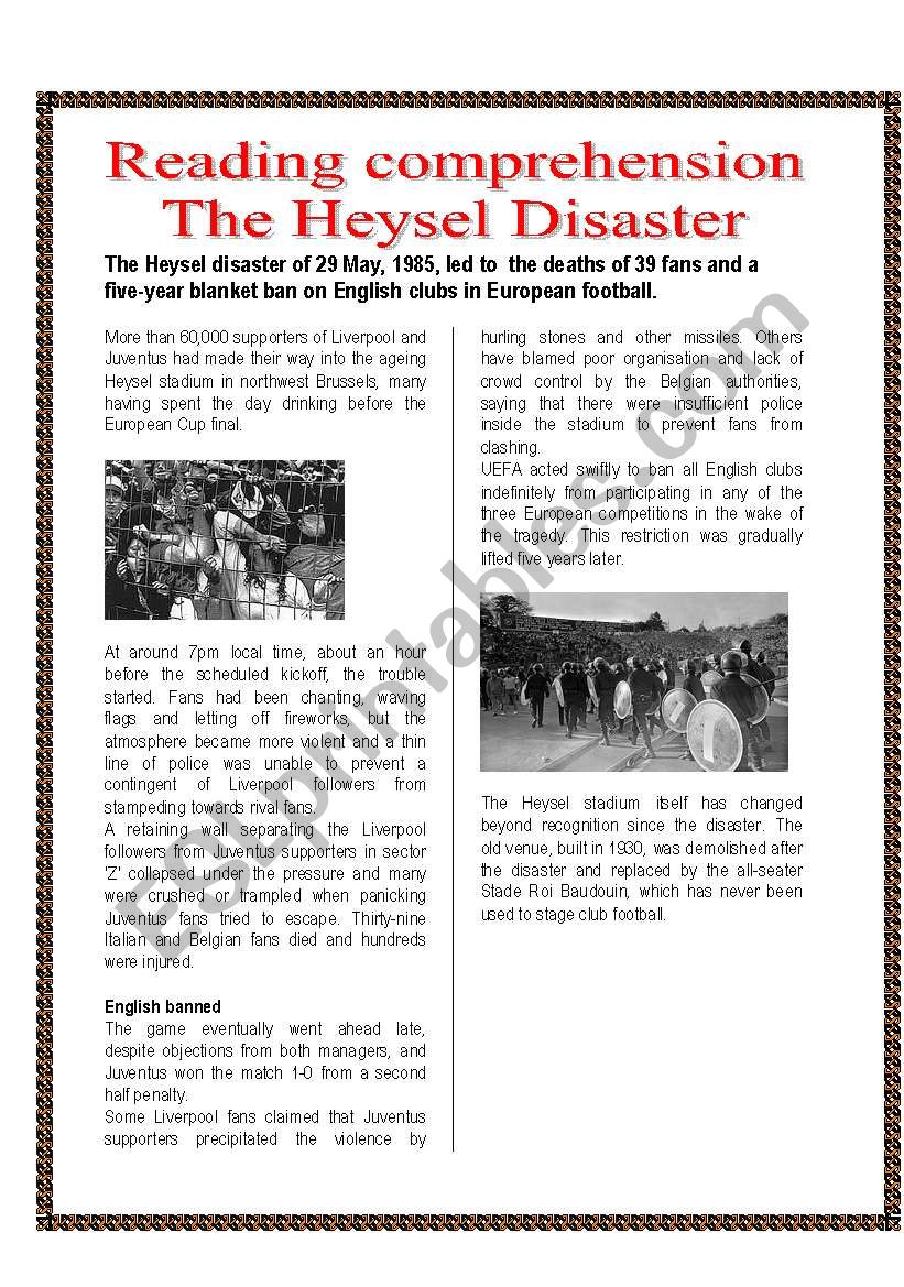 The Heyzel Disaster (reading 3 pages with answers)