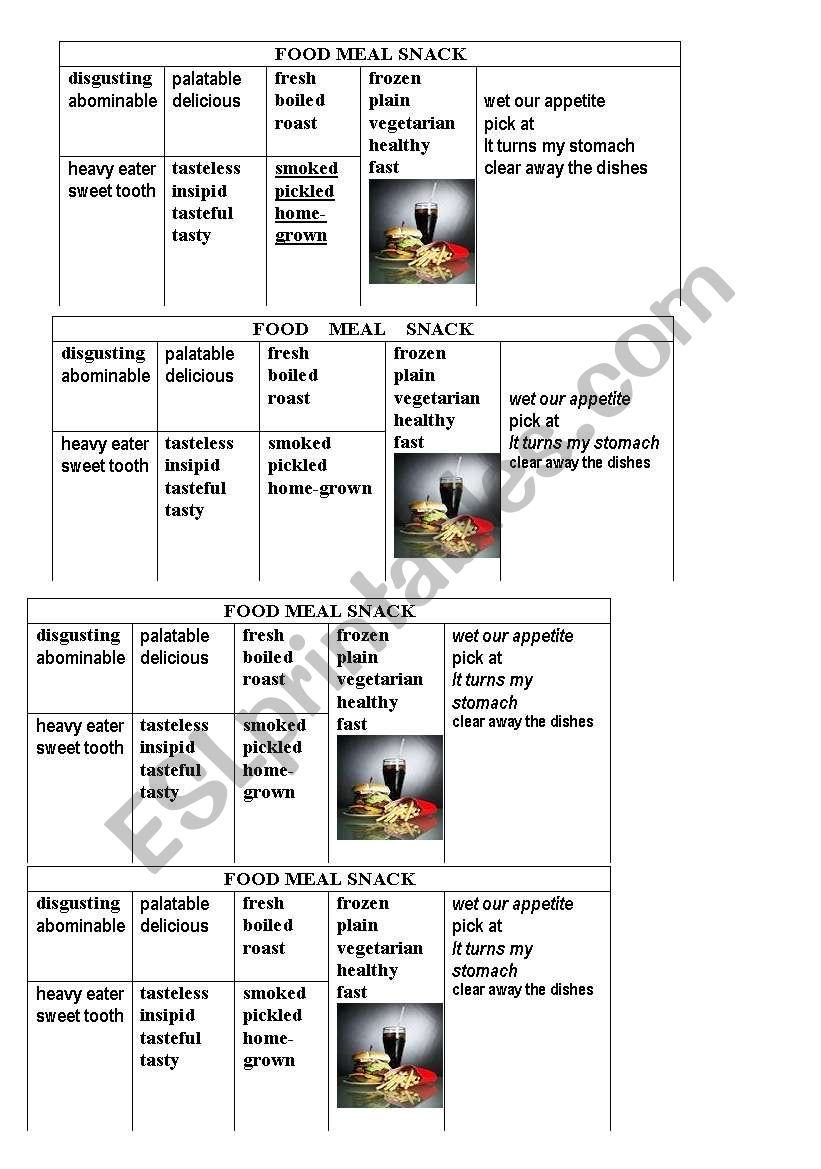 FOOD MEAL SNACK TABLE worksheet