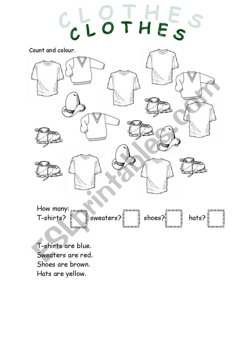 Clothes - count and colour worksheet