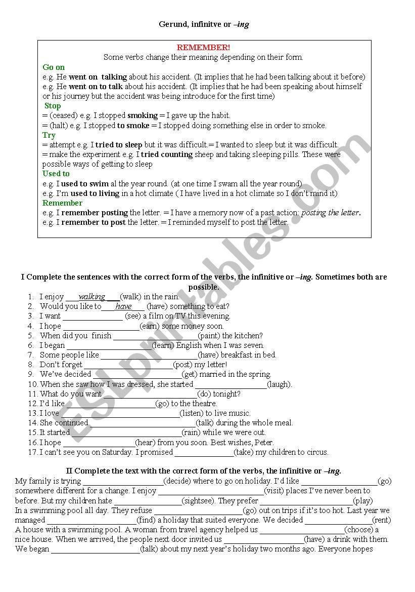 Gerund, infinitve, ing form worksheet