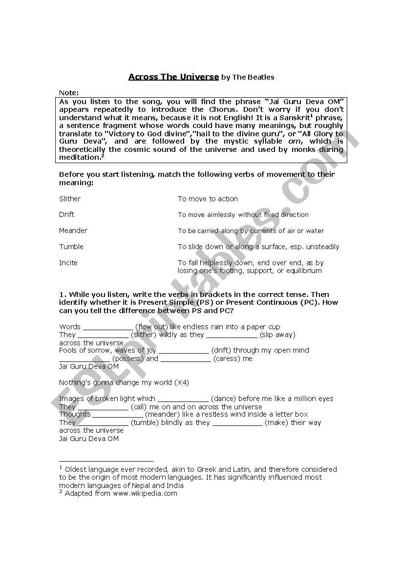 Across the Universe worksheet