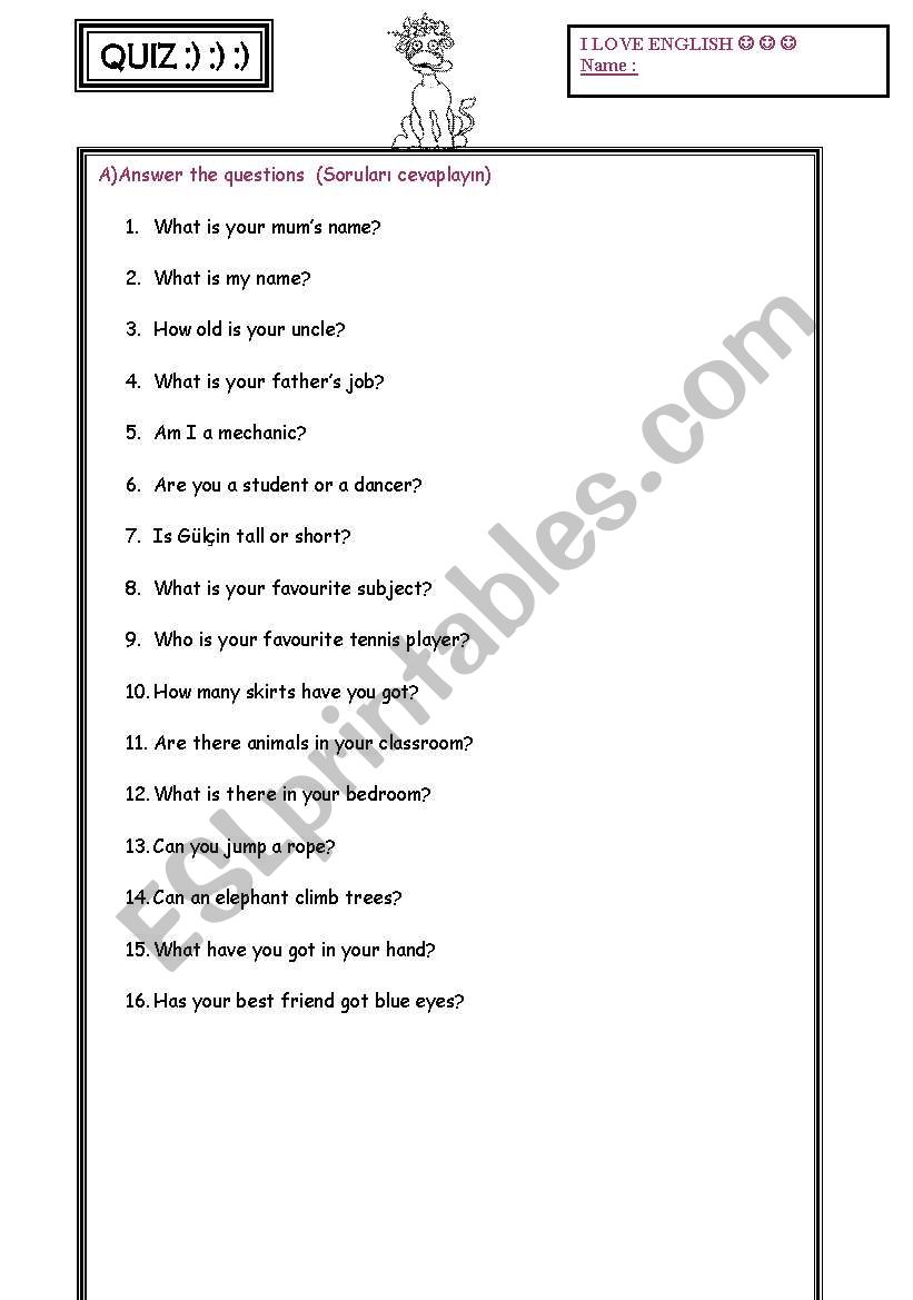 QUIZ OR WORKSHEET FOR ELEMENTARY 2 