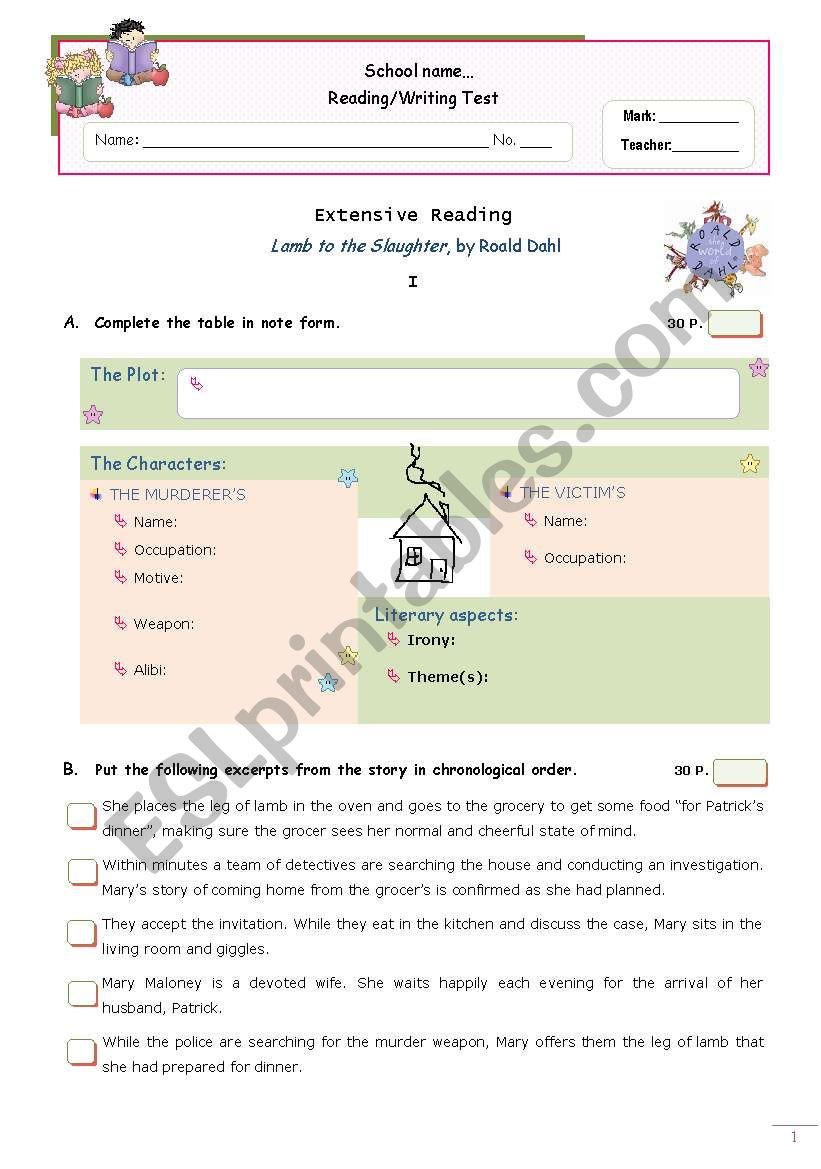 Roald Dahls A Lamb to the slaughter - Reading + Writing TEST for advanced students