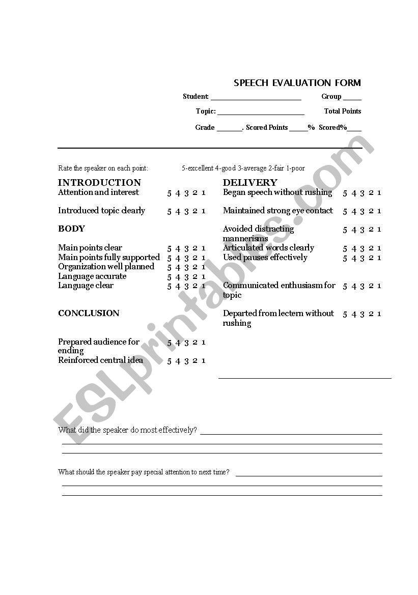 speech evaluation form worksheet