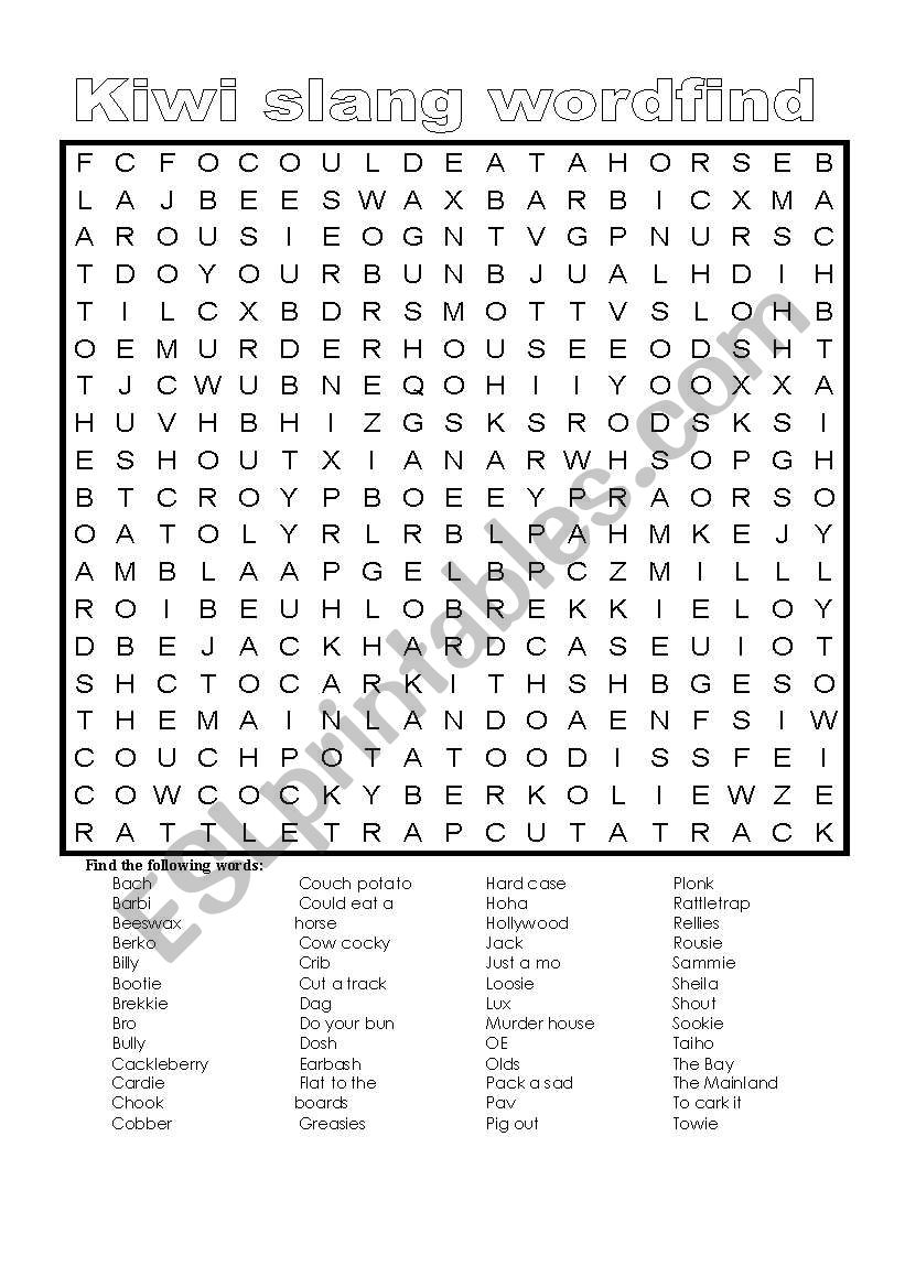 Kiwi Slang Wordfind worksheet