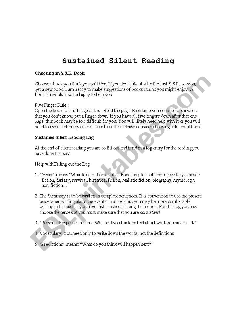 Sustained Silent Reading Log worksheet