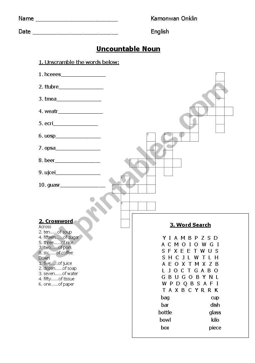 Uncountable Noun worksheet