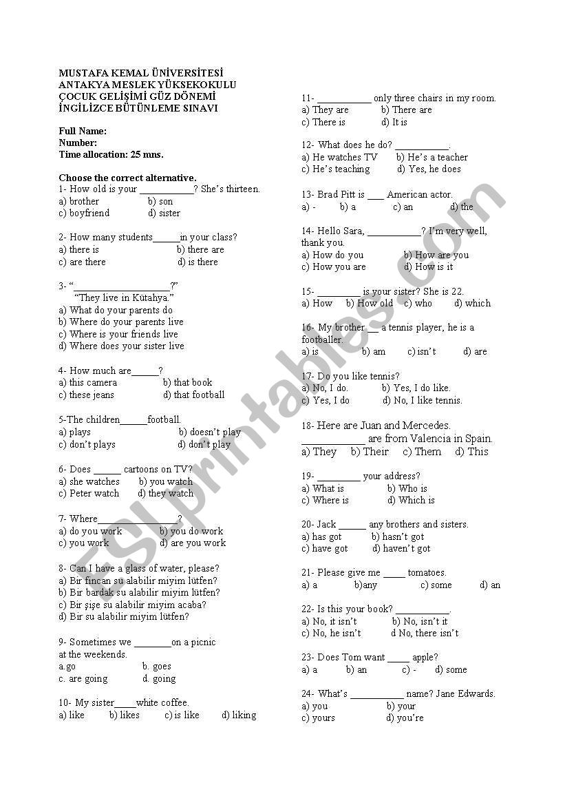exam questions worksheet